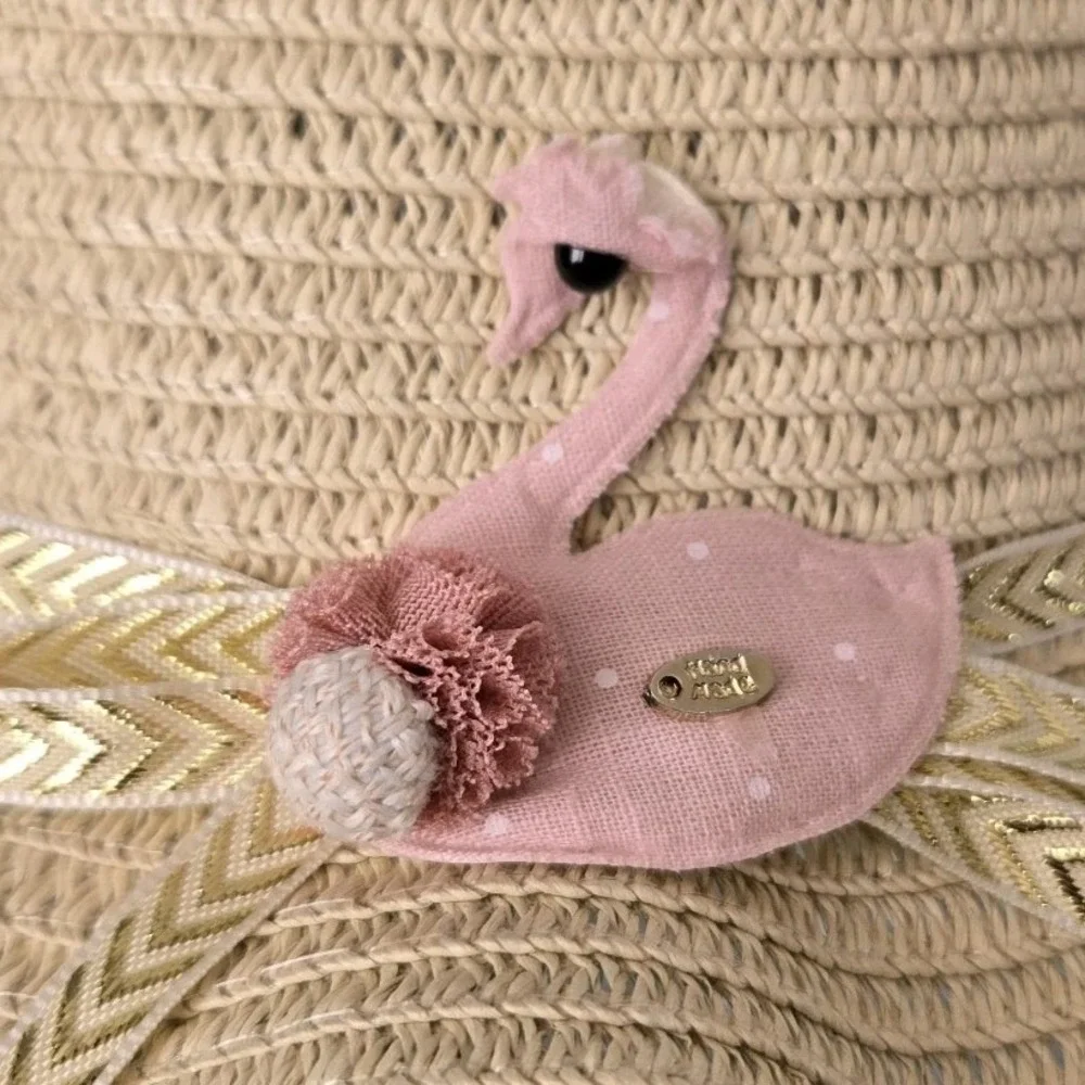 Girl's Spring Easter Straw‎ Scalloped Brim Hat Pink Swan Chin Strap